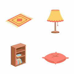 Home Decor Essentials Vector Set: Rug, Lamp, Shelf, and Pillow Illustrations