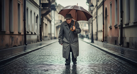 Elderly man walking in the rain with an umbrella on a wet street