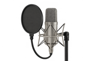 Studio microphone with pop filter isolated on transparent background, ready for recording vocals or voiceovers