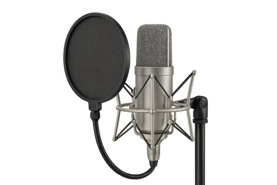 Studio microphone with pop filter isolated on transparent background, ready for recording vocals or voiceovers