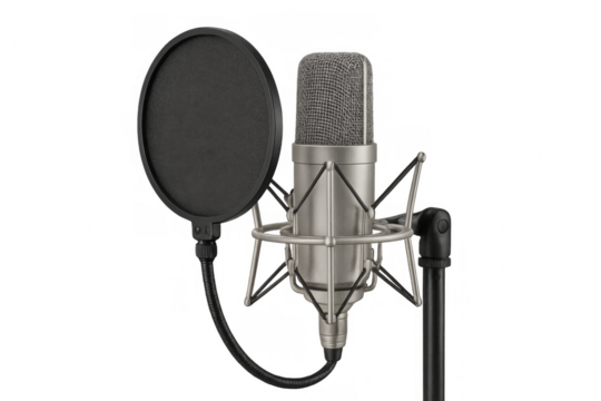 Studio microphone with pop filter isolated on transparent background, ready for recording vocals or voiceovers