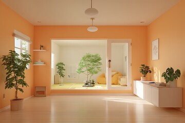 Fototapeta premium Peach-toned room with zen garden view