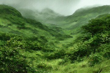 Obraz premium Lush green valley, misty mountains