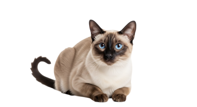 Siamese cat with striking blue eyes sitting and looking forward isolated on transparent background