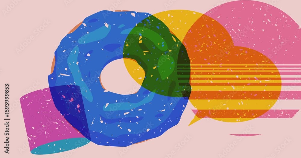 Poster risograph doughnut and speech bubble with geometric shapes animation. moving object in trendy riso g