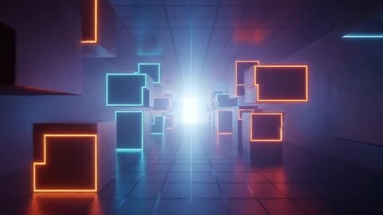 Futuristic digital corridor filled with floating glowing neon square blocks. Technology concept - Powered by Adobe