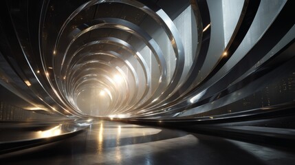 Wide-angle 3D composition of a futuristic chrome installation made up of elliptical arches that spiral inward, with subtle backlight creating lens flares and glints along the curves 