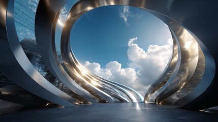 Wide-angle 3D architectural illustration of semi-circular chrome arches gradually decreasing in size toward the center, with light refracting softly off the metal and a cloudy sky visible through 