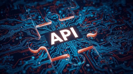 API Connection Concept Abstract circuit board design representing application programming interface with central API text.