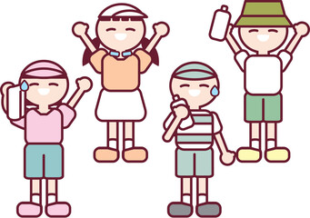 夏の暑さ対策をする子供たちのベクターイラスト