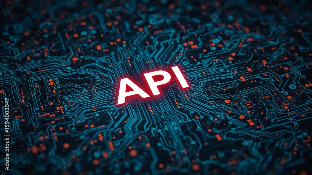 Poster glowing api acronym on a complex circuit board, representing software interface technology.
