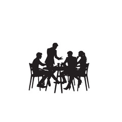 Team Collaborating in Rooftop Café Silhouette on White Background – Vector Illustration for Creative Brainstorming, Symbolic Unity, and Urban Innovation Concepts
