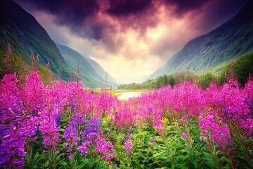 Lush alpine meadow vibrant with pink and purple wildflowers, framed by dramatic mountains and a tranquil valley