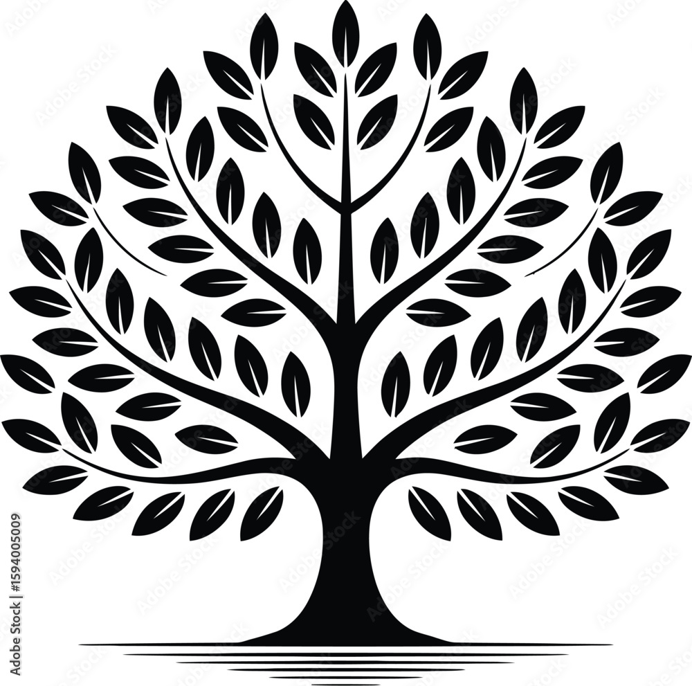 Aufkleber a stylized tree with branches and leaves in black against a light gray background in a simple graphi