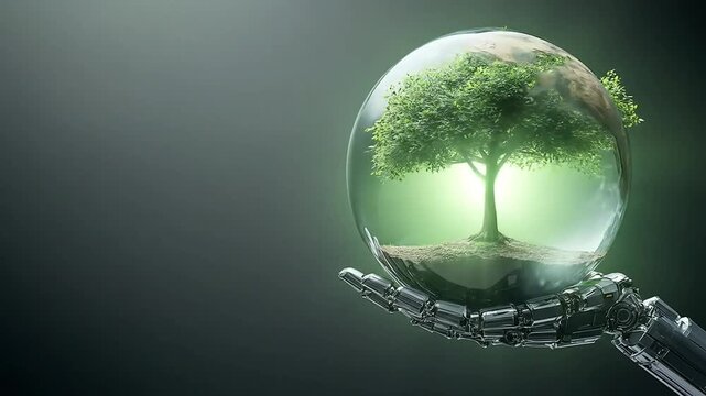 A futuristic robotic hand gently cradles a vibrant green tree encased within a clear glass sphere