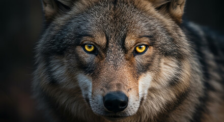 Fototapeta premium Intense close-up of a wolf's face, showcasing its piercing yellow eyes and detailed fur texture.