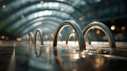 A shallow depth of field photograph of abstract silver arches in a staggered row, positioned under diffused natural daylight from an overhead glass ceiling, with subtle reflections on the ground 