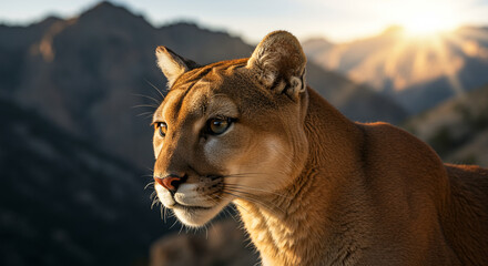 A majestic mountain lion gazes towards the sunlit mountains in the wilderness.