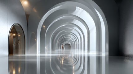 Fototapeta premium A minimalistic open space defined by a corridor of reflective chrome arches, perfectly aligned in perspective from foreground to vanishing point, with fine surface texture visible on the arches 