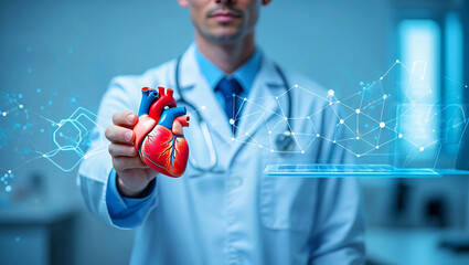 Doctor holding anatomical heart with digital network model