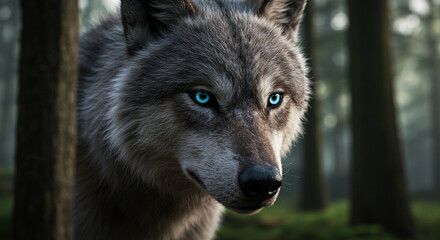 A majestic grey wolf with striking blue eyes peers from a shadowy forest.