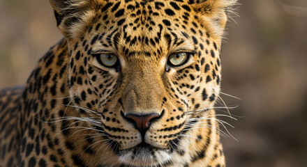 Obraz premium Close-up portrait of a leopard with intense gaze, showcasing its spotted fur and facial details.