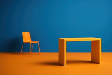 Fototapeta premium Minimalist Orange Chair and Yellow Table in Modern Colorful Room