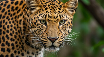 Fototapeta premium A Sri Lankan leopard stares intently, its spotted coat and piercing gaze captivating.