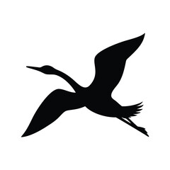 Silhouette of a crane in flight against a white background