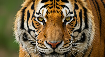 Naklejka premium Close-up portrait of a tiger, showcasing its striking orange and black stripes, intense gaze, and powerful features.
