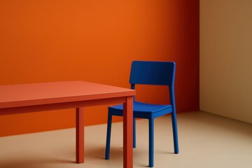 Blue Chair Sitting Next to Orange Table in Minimalist Room with Warm Colors
