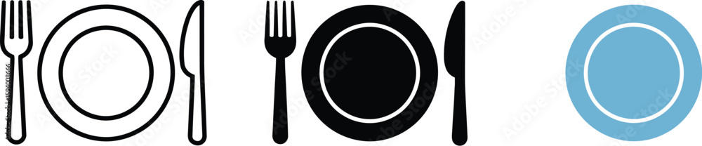Aufkleber three variations of place setting icons with a fork plate and knife isolated on a white background
