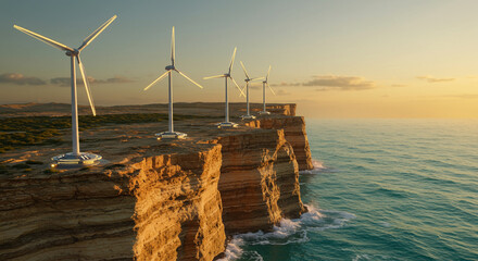 Fototapeta premium Coastal wind turbines at sunset on a dramatic cliff face.