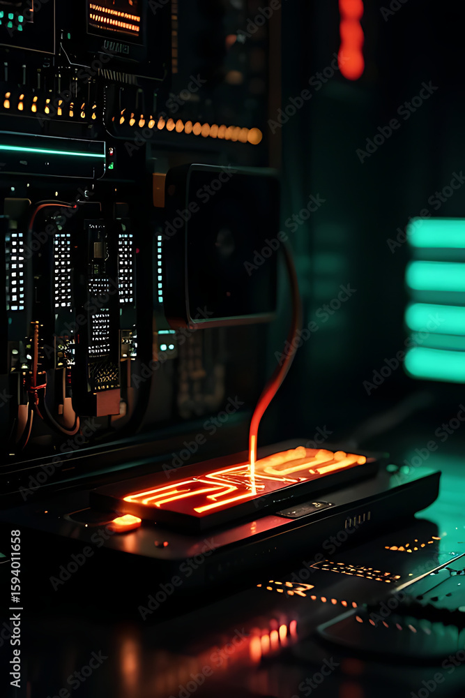 Poster close-up of futuristic technology with glowing circuits and data transfer.