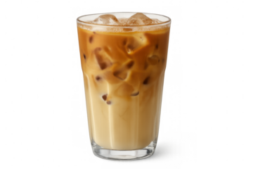 Glass of iced coffee with milk and ice cubes, isolated on transparent background, perfect for refreshing summer days