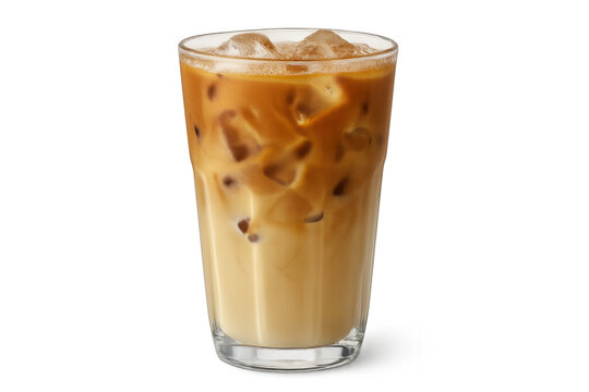 Glass of iced coffee with milk and ice cubes, isolated on transparent background, perfect for refreshing summer days