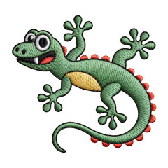 Fototapeta premium Green lizard with red spikes and yellow belly cartoon lizard