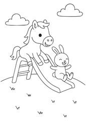 Coloring book pony and bunny sliding down a slide together.