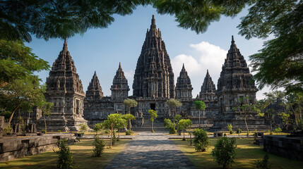 Naklejka premium Majestic Ancient Prambanan Temple with Intricate Architecture and Greenery