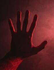 A silhouetted hand is stretched out against a red smoky background, creating a dramatic and mysterious visual effect.