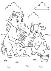 Coloring book pony and cow planting flowers together.