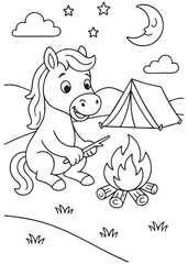 Coloring book page of a pony at campfire.