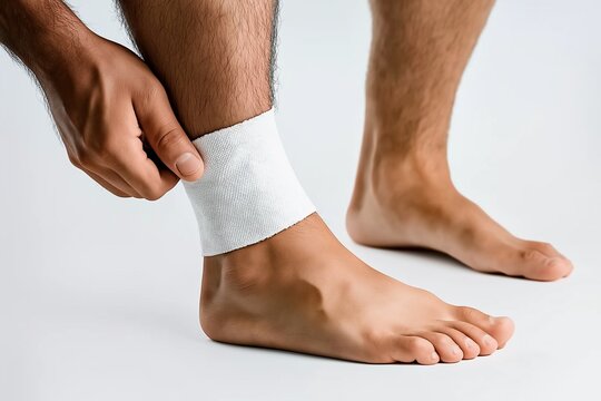 Close-up of male hands applying white medical bandage to injured ankle on clean white background with copy space for text showcasing first aid and sports injury treatment concept - Powered by Adobe