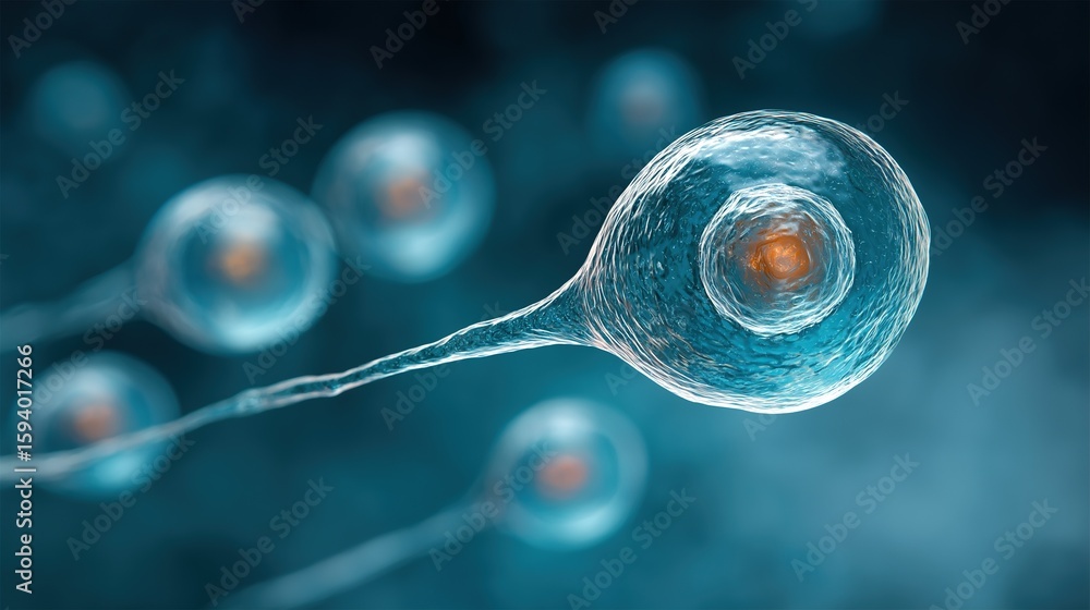 Poster close-up of egg cell with stem cells in background under blue laboratory lighting illustrating scien