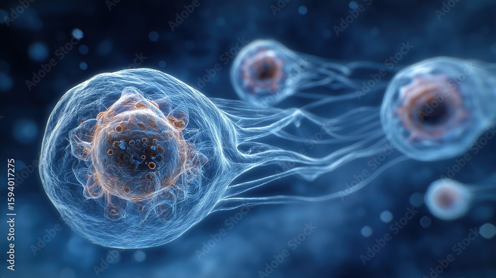 Poster abstract 3d rendering of diverse cellular structures with glowing circular formations floating on da