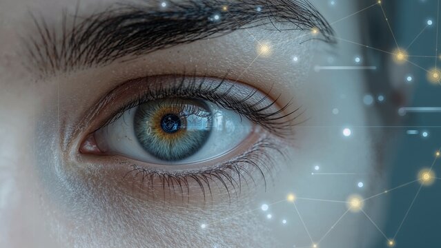 Close-up of a human eye with a network of glowing dots and lines overlayed, suggesting technology or connectivity.