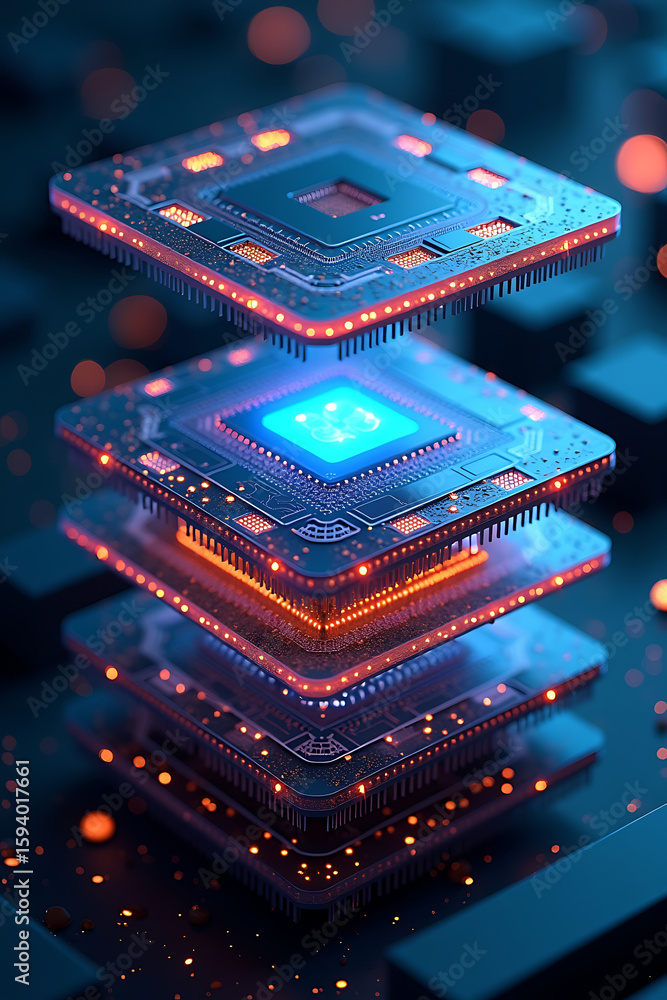 Poster stacked computer processors with glowing blue and orange lights, representing technology.