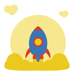 A flat vector illustration of a colorful rocket launching into space with clouds and a yellow circular background. Perfect for space-related content, technology, startup concepts, innovation