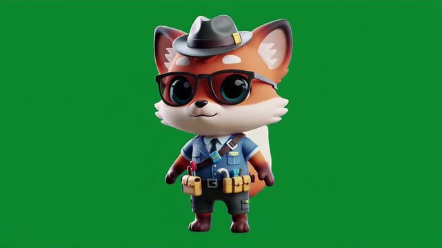 Cartoon Fox as Postal Worker in Blue Uniform on Green Screen Background 3D Rendering