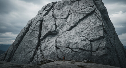 A lone figure stands dwarfed by a massive, imposing granite rock face under a stormy sky.